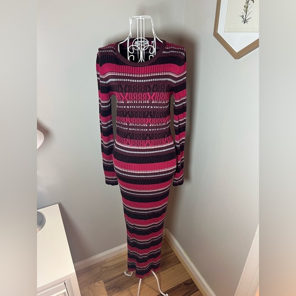 Opening Ceremony Rib Stripe Knit Dress Cable Long Sleeve Size M Slit Bodycon - Picture 3 of 6